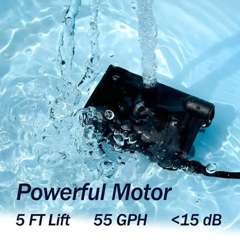 Plug And Play Compact Sump Pump With Water Sensor For Condensate Removal submerged in water showing 5 ft lift and 55 GPH