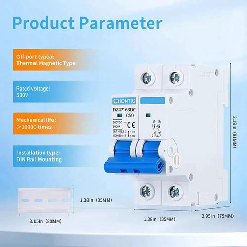 Product parameter diagram showing 50 Amp Miniature DC Circuit Breaker 500V Two Pole Solar PV Disconnect Switch With Thermal Magnetic Trip DIN Rail Mount Isolator