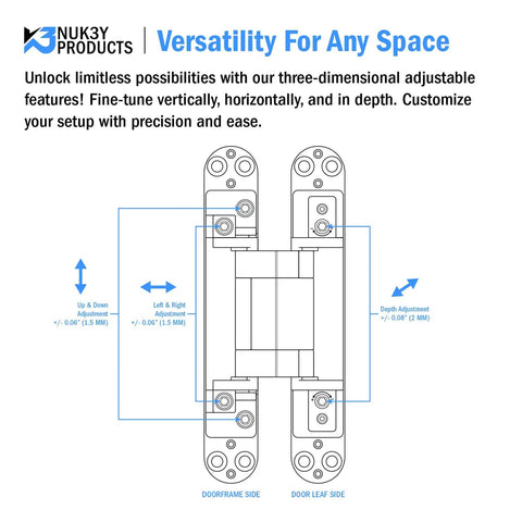Concealed Door Hinges For 180 Degree Swing, 3 Way Adjustable, Black 6 Inch Pair Ultra Sleek showing adjustment diagram