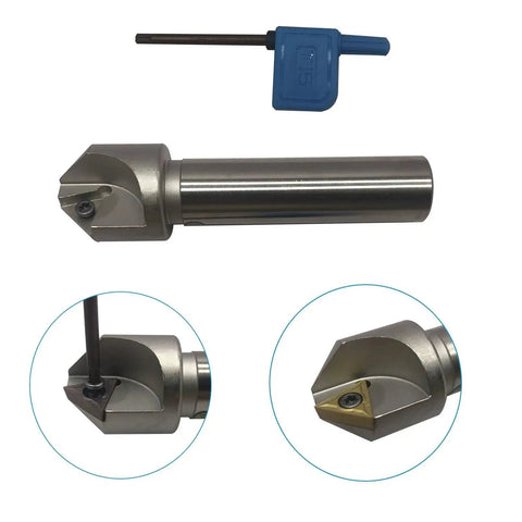 Pro Grade 3/4 Inch Shank Chamfering Tool Bit Set for Lathe Turning Boring Bar Holder shown with carbide inserts and wrench.
