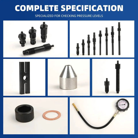 Diesel Engine Compression Tester Kit 17pc With Cylinder Pressure Gauge For Cars with various connector pieces displayed.