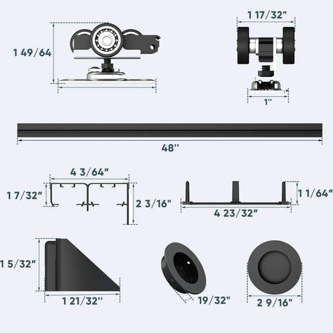 Heavy Duty Bypass Door Hardware With Finger Pulls, Aluminum Sliding Closet Door Track For Two Door System, Quiet And Smooth Operation, Fits 1 3 8 Inch Or 1 3 4 Inch Doors, Easy To Install, Black Finish, components and measurements