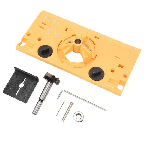 35mm Hinge Boring Jig Kit For Cabinet Doors Pro Grade Drilling Guide Locator With Cutter And 1/16 Inch Bit ABS Durable Yellow Hinge Hole Drill Tool For Precise Installations