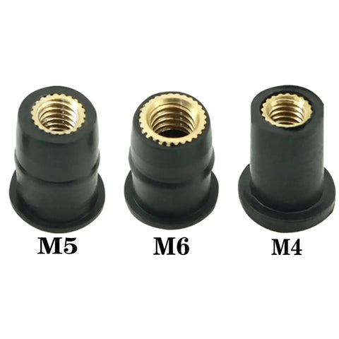30 Piece Rubber Brass Nut Kit M4 M5 M6 For Motorcycles Windshield Well Nuts And Vehicle Body Fasteners, shown in various sizes.