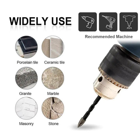 Dry Diamond Drill Bit Set With Four One Quarter Inch Diamond Core Bits And One Quarter Inch Carbide Drill Bit For Ceramic Tile Marble And Porcelain 6mm Quick Change Shank By SHDIATOOL, shown with recommended usage icons for porcelain, ceramic, granite, and marble.