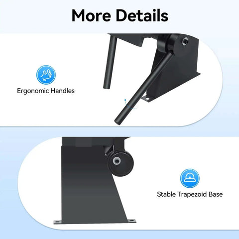 Close-up of ergonomic handles and stable trapezoid base of 24 Inch Box And Pan Brake With Removable Fingers For Metal Bending.