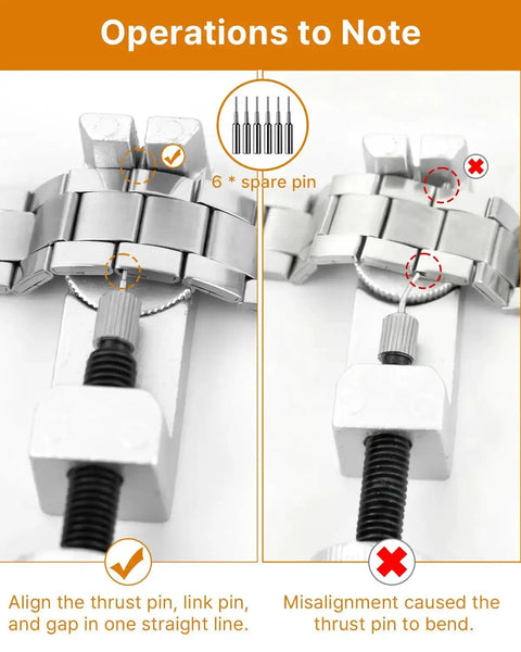 Go To All In One Watch Band Repair Kit With Link Remover And Spring Bar Tools Pro Grade Set Includes 108 Spring Bars 20 Link Pins Replacement Punches Hammer Cleaning Cloth And Easy Strap Resize For Any Size, showing link remover aligning thrust pin correctly.