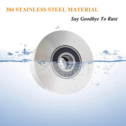 Front view of 3 Inch V Groove Gate Wheel Stainless Steel Roller With Double Bearings, Heavy Duty Beefed Up Sliding Door Caster in water.
