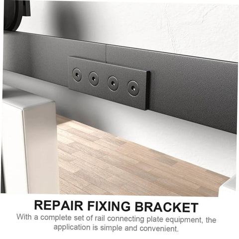 Black Carbon Connection Plate Set With Adjustable Fixing Bracket For Sliding Barn Doors on wall track, close-up view.