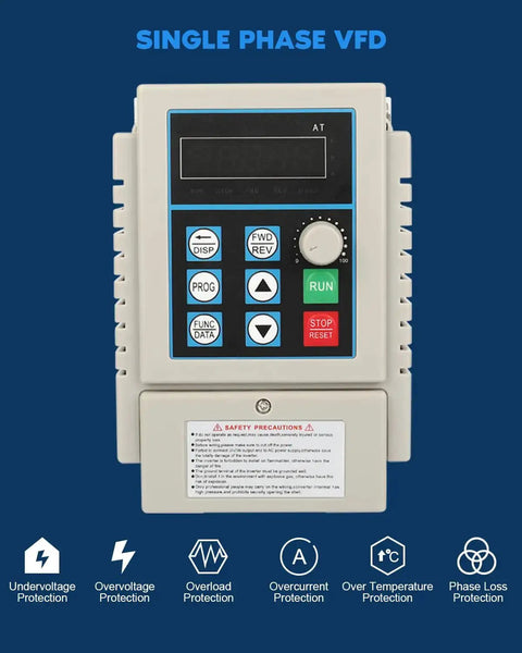 High-Performance Variable Frequency Drive VFD Inverter 220V Single Phase To 3 Phase 0.75kW 1HP speed control display front view