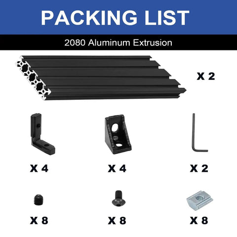 Packing list image showing two pack 2080 T Slot Aluminum Extrusion 1220mm Black 20x80 Profile for Framing European Standard Anodized Linear Rail