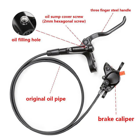 Cyclon MT200 MTB hydraulic disc brake set with lever and caliper; left-front 800mm hose and right-rear 1500mm hose.