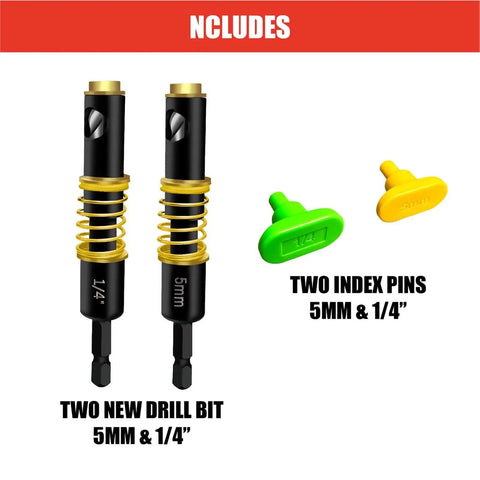 One Quarter Inch Shelf Pin Jig For Cabinets And Shelves Adjustable 5mm 0.2 Inch Hole Drill Guide With Standard 32mm Spacing showing two drill bits and index pins
