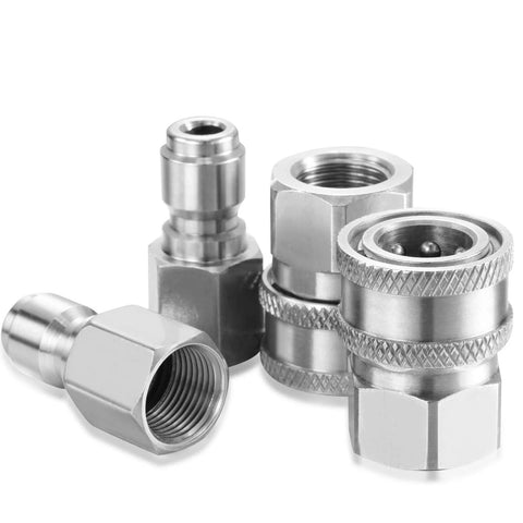 Two sets of Hotop stainless steel NPT 3/8 in male and female quick-connect adapters for pressure-washer systems, internal-thread.