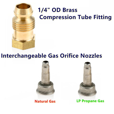 Brass 1/4 in OD compression tube fitting with two interchangeable gas orifice nozzles for natural gas and LP propane.