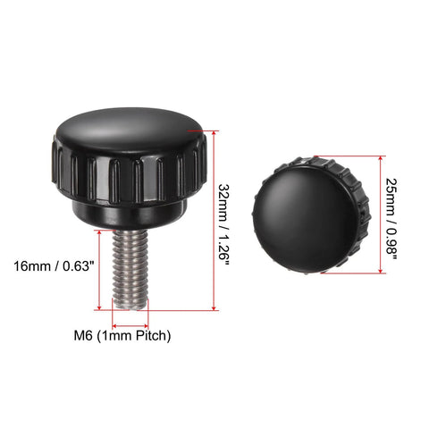 4 Pcs Knurled Clamping Knobs M6 X 16mm, 304 Stainless Steel Thumb Screws With 25mm Plastic Round Head, Black Finish, 32mm Height