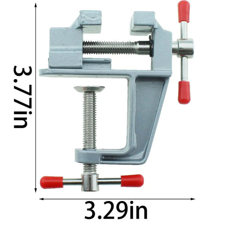 Mini Aluminum Table Clamp Vise For Small Craft Projects, features lightweight design, jaw measurements, and red handle grips