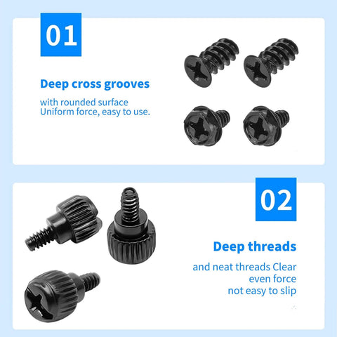 Close-up of screws from 420 Pcs Computer Screws And Standoffs Kit for motherboard and PC case, highlighting deep grooves and threads.