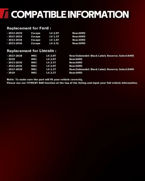 Compatibility chart for Ford Escape AWD and Lincoln MKC AWD models, 2013-2019, highlighting compatible years and specifications.