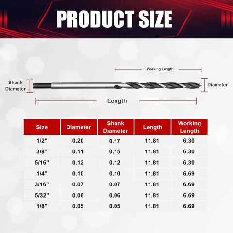 Chart showing dimensions of Extra Long Brad Point Drill Bit Set For Wood Seven Piece 12 Inch Carbon Steel Bits