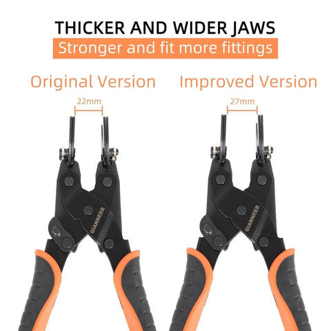 GIANNEER Push Fittings Removal Tool Three Size Disconnect Tongs shown in original and improved versions with thicker jaws.