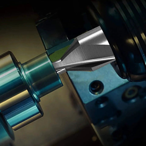 Close-up of a drill bit from the 7 Piece Center Drill Bits Set In M2 High Speed Steel For Lathe And Metalworking With 60 Degree Angle Countersink Drill Bits Kit Including Sizes 1.0 1.5 2.0 2.5 3.0 4.0 5.0 Pro Grade mounted on a lathe.