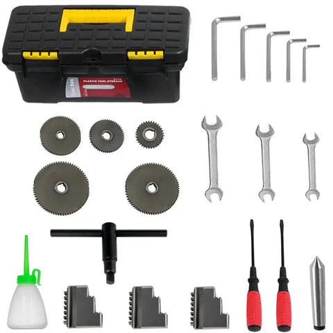 Assortment of lathe accessories including wrenches, gears, L-keys, oil can, and screwdrivers with a toolbox for 8.7x23.6 Inch Mini Metal Lathe 1100W With Infinitely Variable Speed LED Display Forward And Reverse 0 To 3000 RPM High Gear And 0 To 1500 RPM Low Gear A Real Workhorse For Counter Face Turning And Drilling