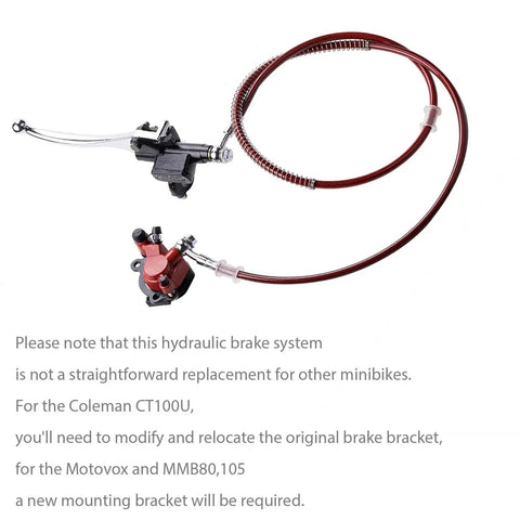 Mini bike hydraulic disc brake system with red braided hose and black lever, for Baja Doodle Bug.