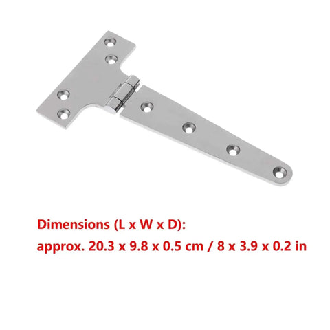 Single T-shaped marine-grade stainless steel hinge with dimensions, ideal for cabinets, gates, and outdoor use.