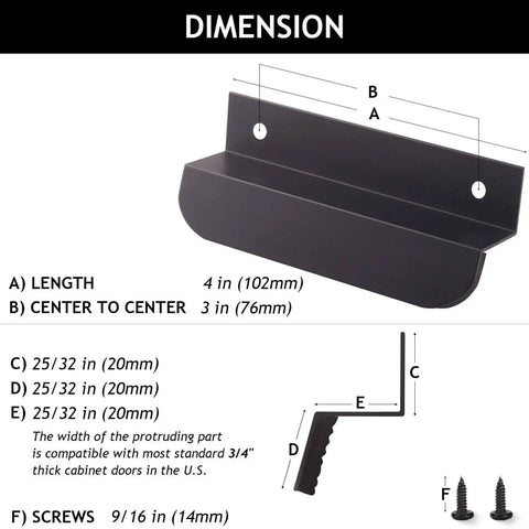 Dimensions diagram of 1 Pack Under Cabinet Foot Pull Opener 4 Inch Matte Black Hands Free Toe Pull with adhesive and screws.