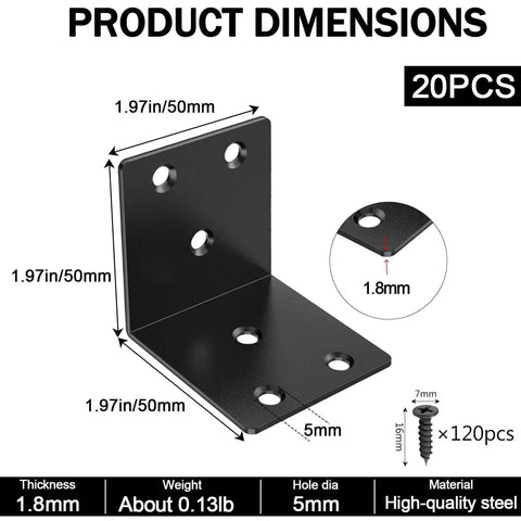 Image of 2 Inch Black Corner Brackets Set for Wood Furniture Shelves and Bed 90 Degree L Braces With 120 Screws, showing dimensions and features.