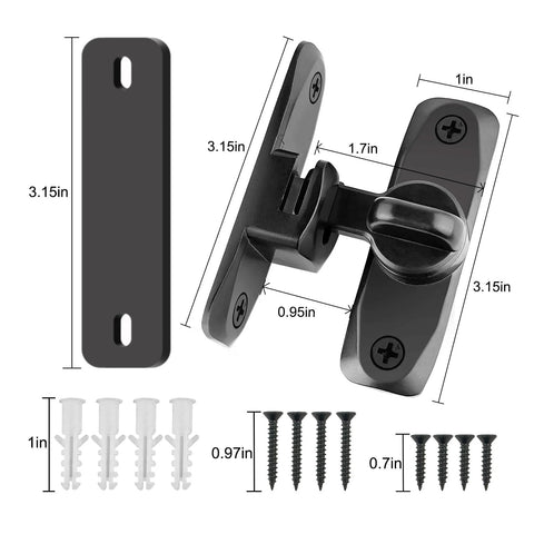 2 In 1 Barn Door Lock With 90 And 180 Degree Flip Sliding Barn Door Latch, black alloy steel, includes screws and dimensions