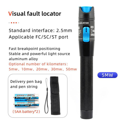 Visual fault locator for fiber optics with blue switch, black grip, 5mW label; includes pen bag and AA batteries.