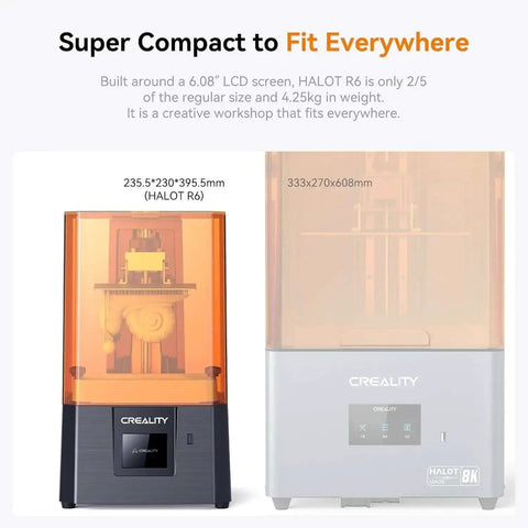 Halot R6 Resin 3D Printer for Kids and Beginners next to larger model, showing compact size and orange UV cover for home projects.