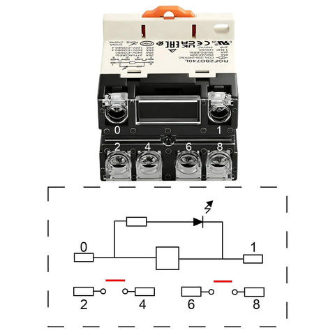 Heavy Duty General Purpose Relay RGF2BD740L 25A 200-240VAC Coil with 6 Pin DPST 2NO, LED Indicator, schematic diagram