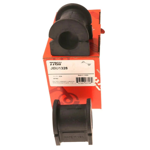Front view of TRW JBU1328 suspension stabilizer bar bushings, black rubber, on red TRW box.