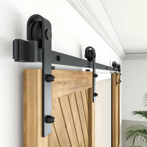 6.6Ft Black Barn Door Hardware Kit For Double Sliding Doors, Carbon Steel Heavy Duty Track System With J-Shape Hangers installed
