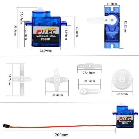 FS90R continuous rotation servo module in blue housing with servo arm and tire wheel set; 2-pack