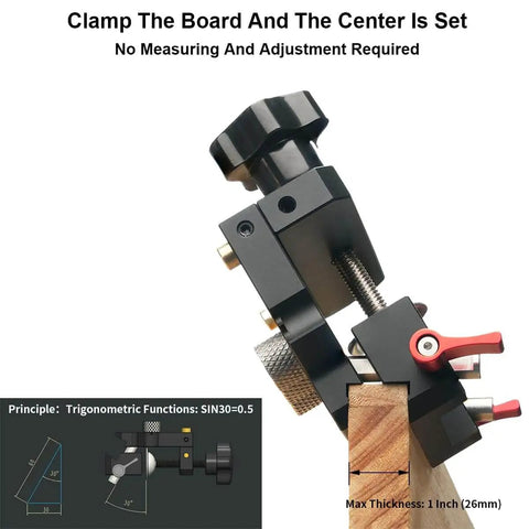Side view of self centering dowel jig kit for woodworking edge corner and surface joints with aluminum CNC machined body and steel bushings.