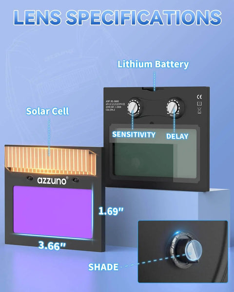 Auto darkening helmet lens specifications with solar cell, lithium battery, sensitivity, delay controls for welding helmet.