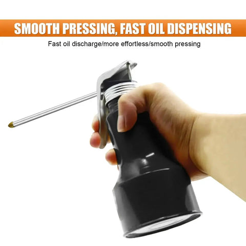 Person holding All Steel Pump Oiler Can With Handle 8 Oz 250 Ml Pistol Oil Spray Can With 6 Inch Metal Straight Spout for lubrication