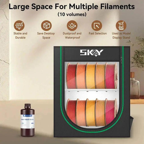 Ultimate 3D Printer Filament Storage Box With 2 Tier Shelves for storing multiple filament spools in studio or workshop.
