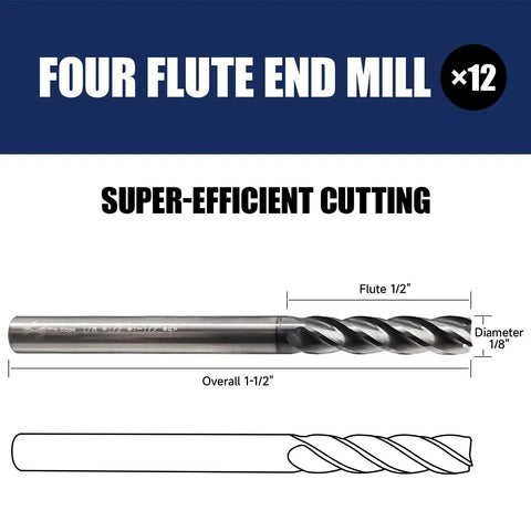 Front view of 6 Pcs 1/8 Inch Carbide Square End Mills, 4 Flute TIALN Coated CNC Mill Bits For Steel, shown with dimensions.