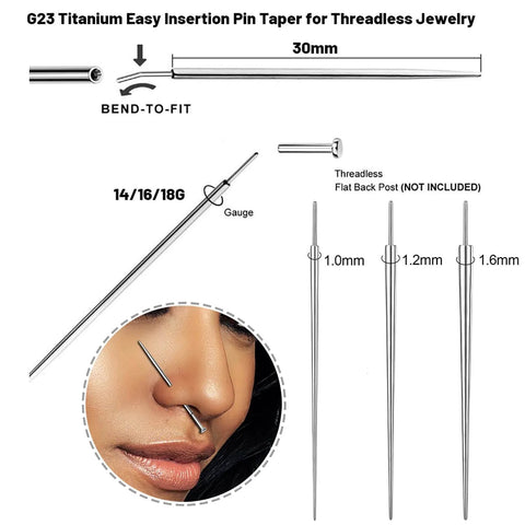 Two Piece G23 Titanium Insertion Pin Taper For Nose Ear Navel Lip Threadless Piercings Jewelry Kit 18G 16G 14G Push In