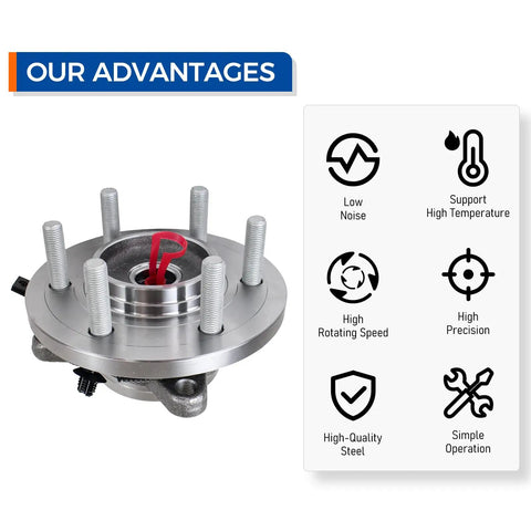 Front Wheel Hub And Bearing Assembly For 2015-2017 Ford F-150 4WD With ABS, 6-Lug displayed with features chart