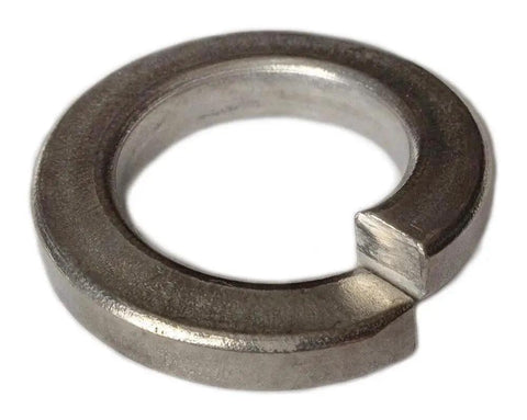 Close-up of a 316 Stainless Steel Split Lock Washer for Size No 8 Screws, Marine Grade Type 316, showing spring action design.