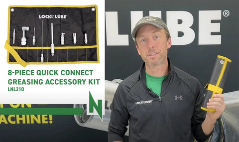 LockNLube 8-Piece Quick Connect Greasing Accessory Kit in yellow-trim rip-stop case; metal fittings on display.