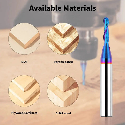Carbide Ball Nose CNC Bit 1 Quarter Inch Shank 1 Eighth Inch Cutting Diameter End Mill Spiral Router Bit For Wood Carving And Engraving Nano Blue Coating Pro Grade By EANOSIC, shown with materials like MDF and solid wood