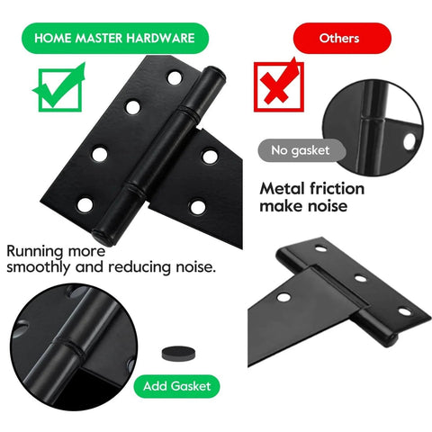Comparison of 8 Inch T Strap Heavy Duty Shed Door Hinges Black Tee Hinge with and without gasket to reduce noise