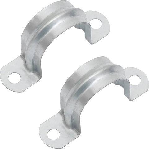 Pipe strap clamps, two zinc-coated 25 mm U-bracket clamps with two mounting holes.